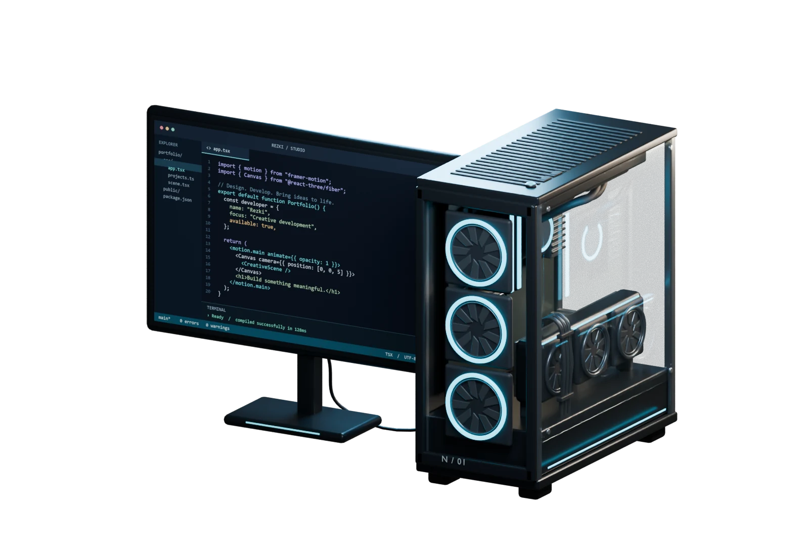 Tour PC et écran affichant du code, modèle 3D interactif
