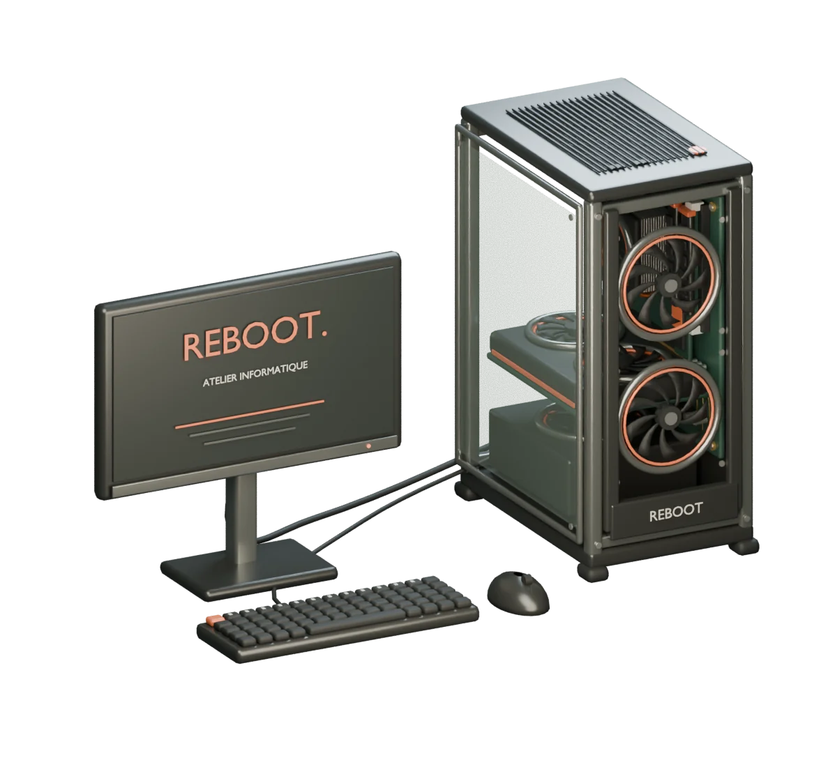 Poste REBOOT : écran, tour détaillée, clavier et souris